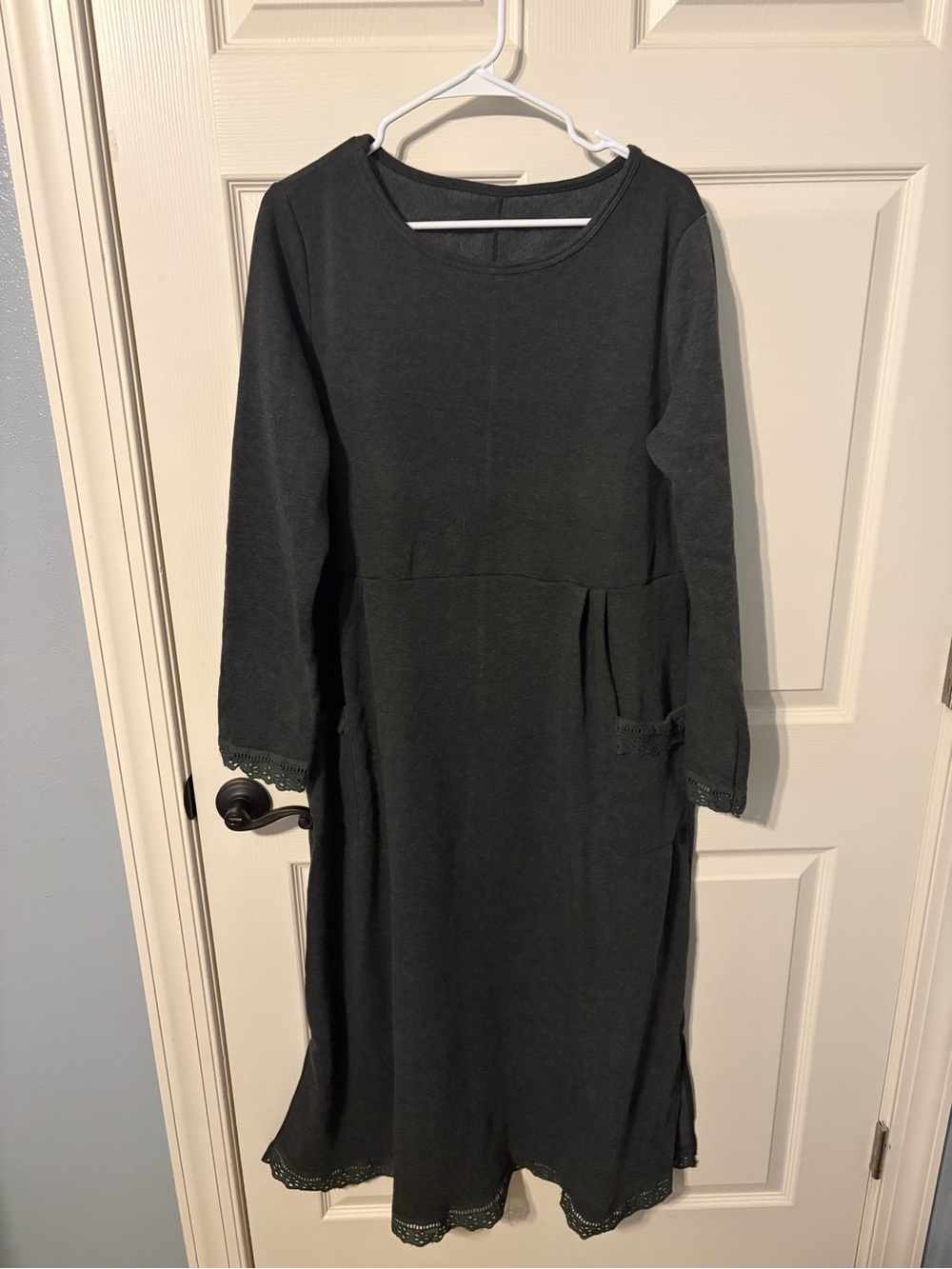 Women's Black Long Sleeve Midi Dress with Crochet Trim